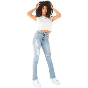Revice Dream Fit Button Fly Straight Crop Distressed Raw Hem Jeans 27